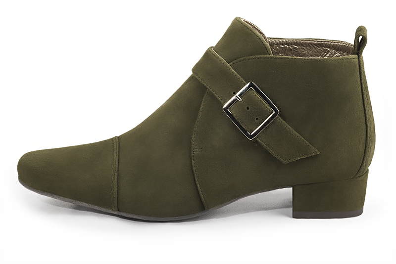 Women's khaki green elegant ankle boots, with buckles at the front. Round toe. Low block heels - Profile view